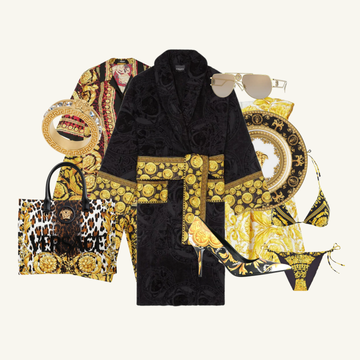 Versace Baroque luxury fashion collection featuring black bathrobe, gold and black tote bag, patterned shirt, bikini, heels, sunglasses, and dinner plate for Lestyle Boutique Melbourne