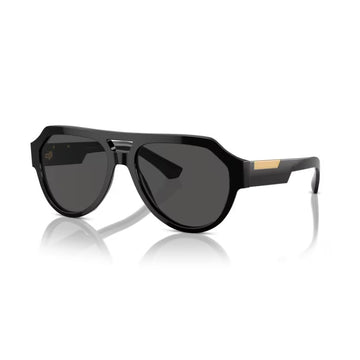 Front and side view of Dolce & Gabbana black square acetate sunglasses with dark grey lenses, available at Lestyle. Men's design with a shiny finish and high bridge fit for maximum comfort.