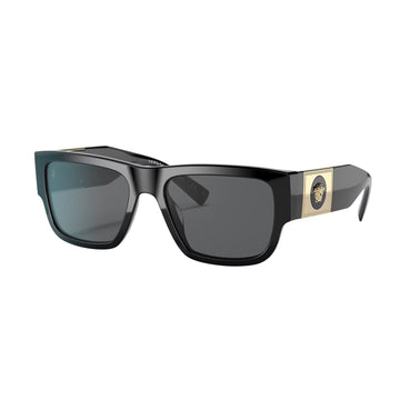 Versace black square sunglasses with grey lenses and Medusa emblem, available at Lestyle Boutique Melbourne. A luxurious and stylish accessory for sunny days.