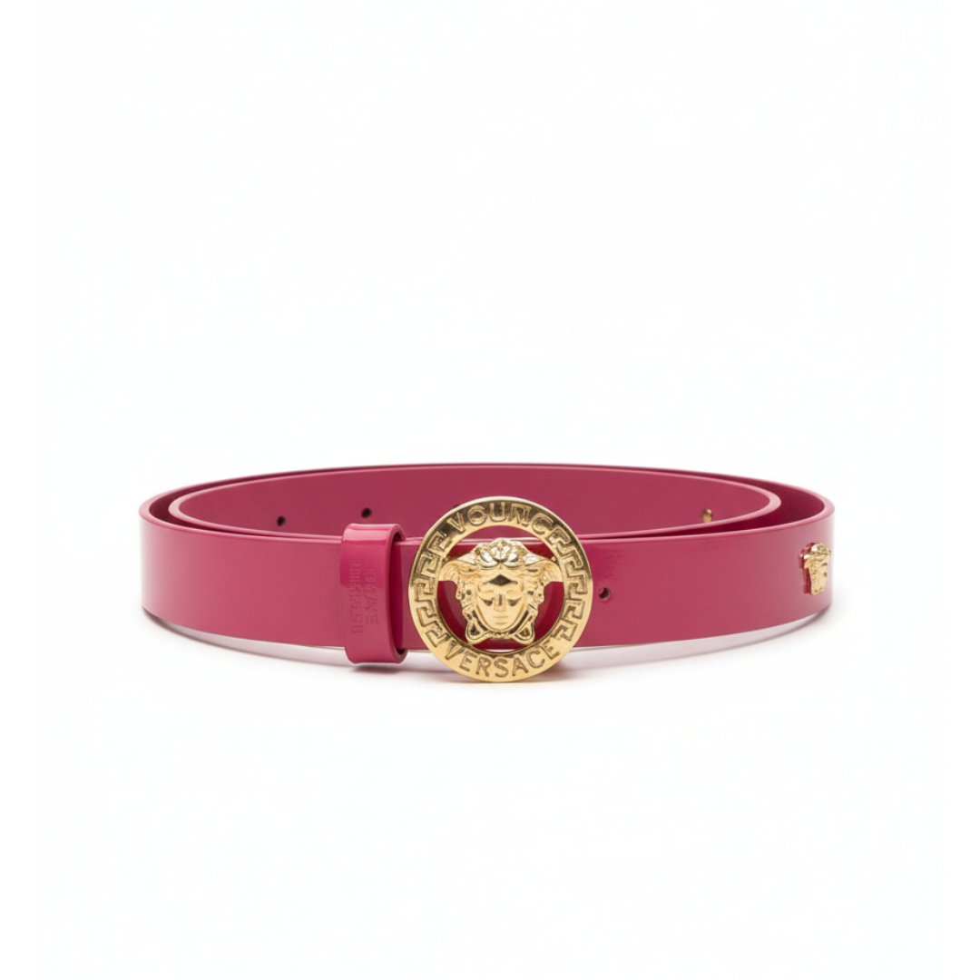 VERSACE belt featuring pink strap with a gold Medusa buckle available at Lestyle Boutique Melbourne