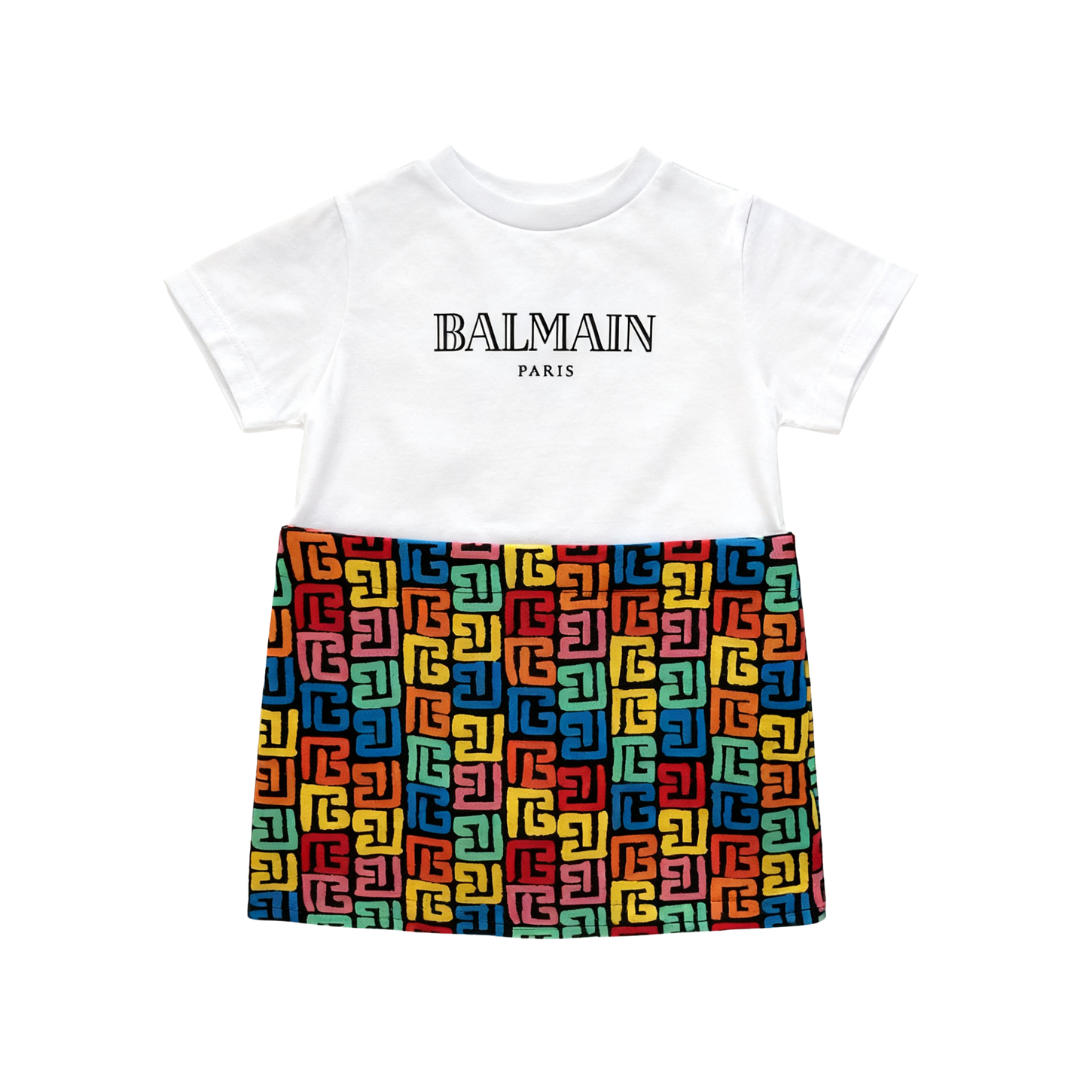 Balmain dress featuring rainbow logo-print for kids, available at Lestyle Boutique Melbourne