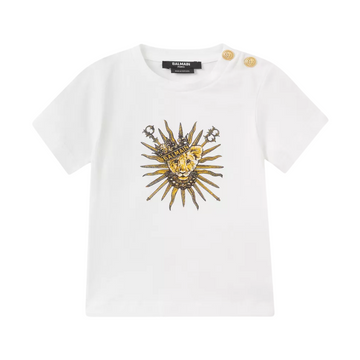 BALMAIN T-shirt featuring a graphic print with shoulder button detailing available at Lestyle Boutique Melbourne