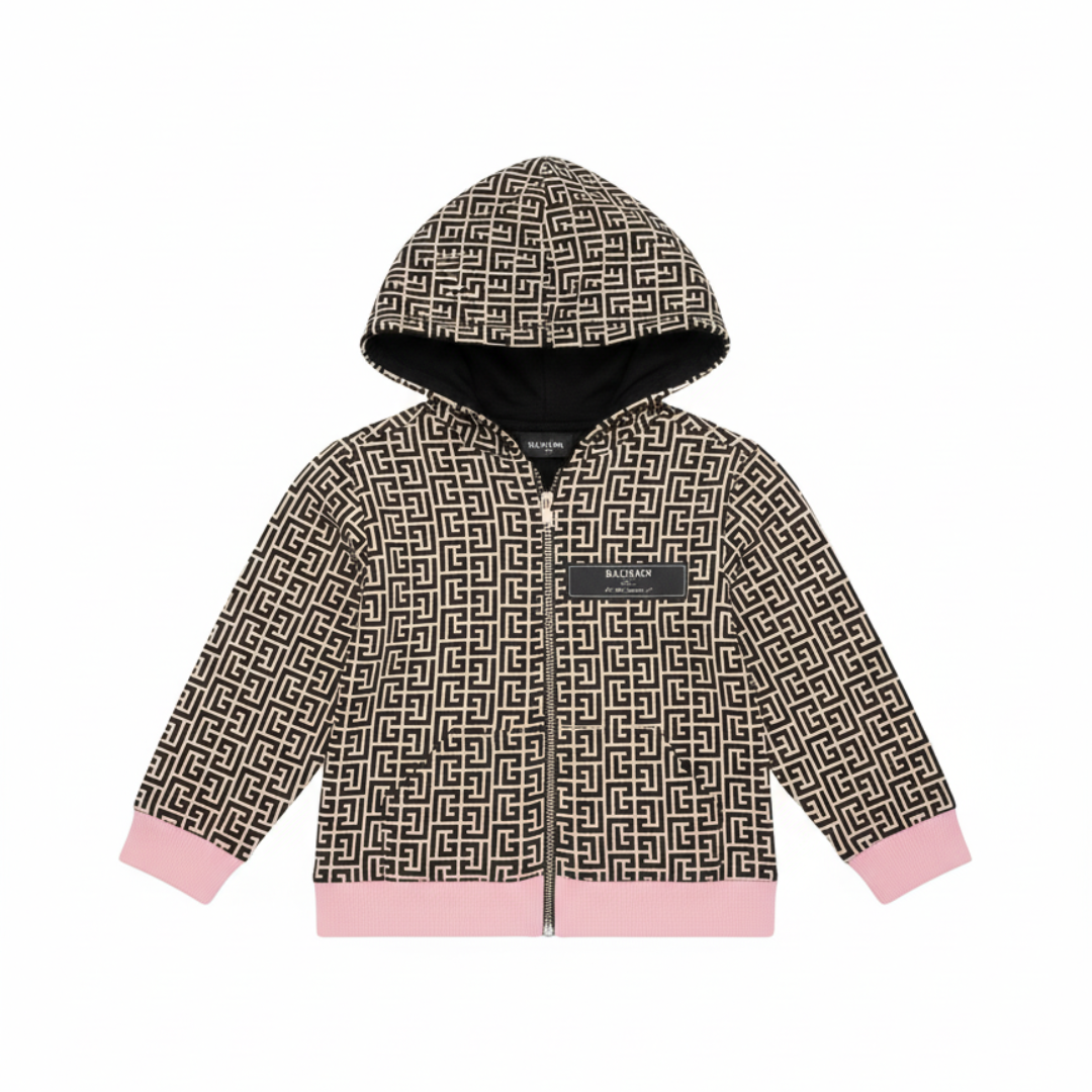Balmain KIDS JACKET featuring Greek key pattern and pink ribbed cuffs available at Lestyle Boutique Melbourne