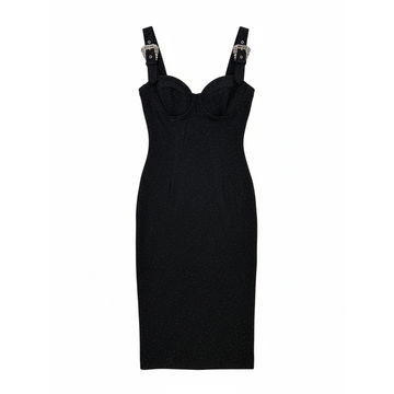Versace Jeans Couture sleeveless bustier midi dress in black featuring Baroque buckle accents on the shoulders. Crafted from cotton and viscose blends at Lestyle Boutique Melbourne.