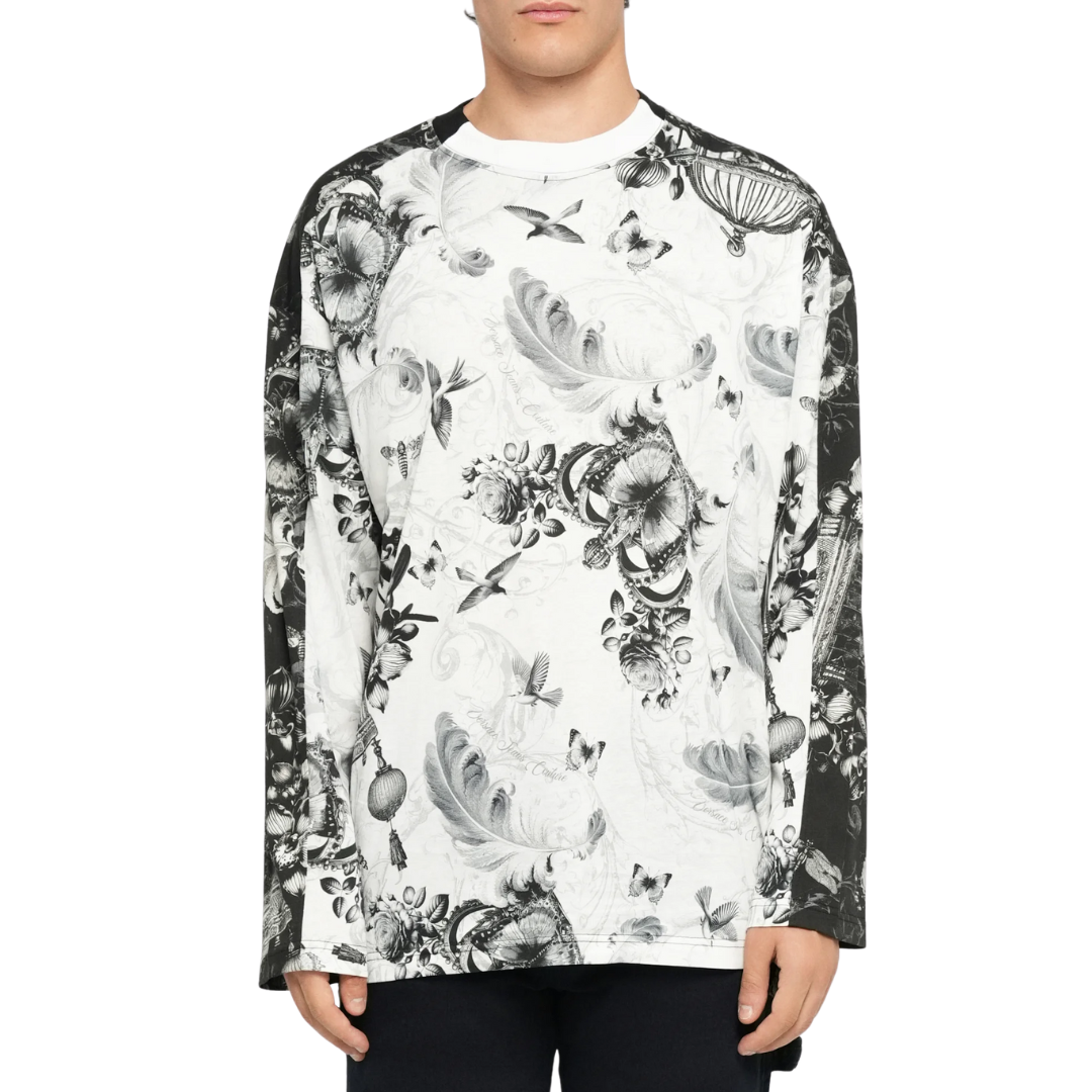 VERSACE JEANS COUTURE LONG SLEEVE TOP featuring monochrome floral print in black/white available at Lestyle Boutique Melbourne
