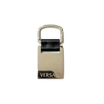 VERSACE keychain featuring a metal square plate and black leather strap available at Lestyle Boutique Melbourne