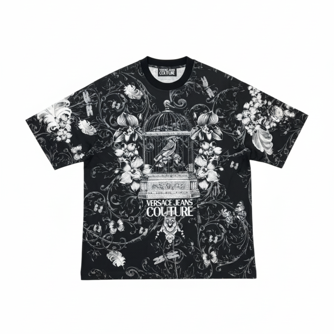 Versace Jeans Couture T-shirt featuring ornate black and white birdcage floral print available at Lestyle Boutique Melbourne