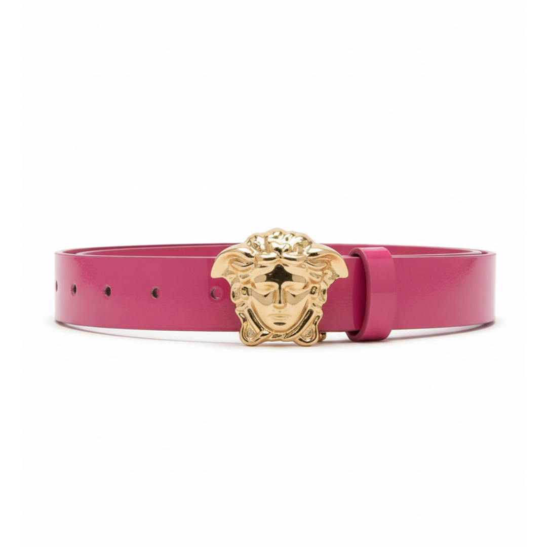 Versace Kids belt featuring a gold Medusa buckle in pink, a bold accessory for kids, available at Lestyle Boutique Melbourne