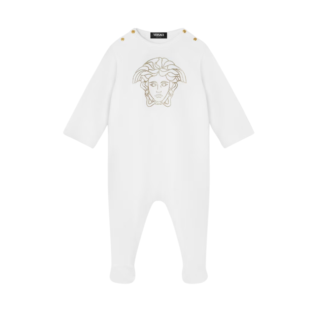 Versace Baby Sleepsuit featuring studded Medusa motif available at Lestyle Boutique Melbourne