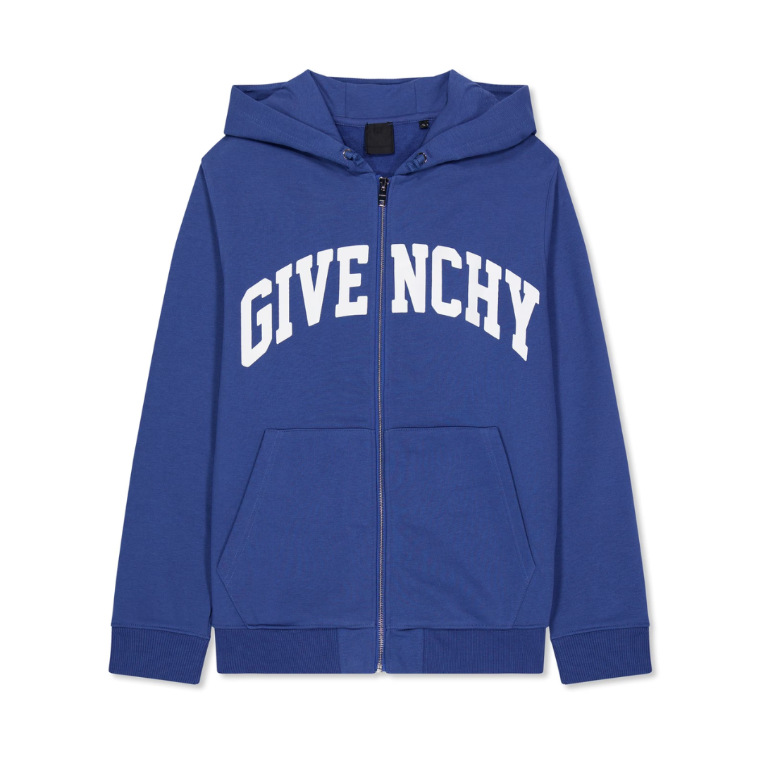 Givenchy boys blue soft cotton blend hooded zip sweater featuring a signature white varsity print on the front and a 4G logo on the back, imported, available at Lestyle Boutique 136 Little Collins St.