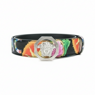 Versace belt featuring Medusa buckle and colorful floral print available at Lestyle Boutique Melbourne