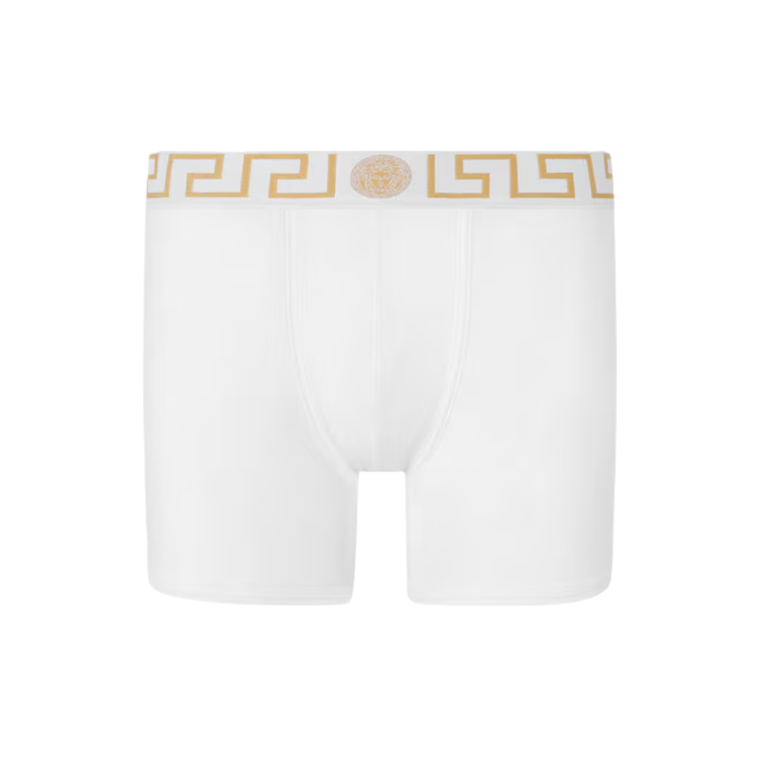 Versace Medusa White boxer briefs with gold waistband on a white background