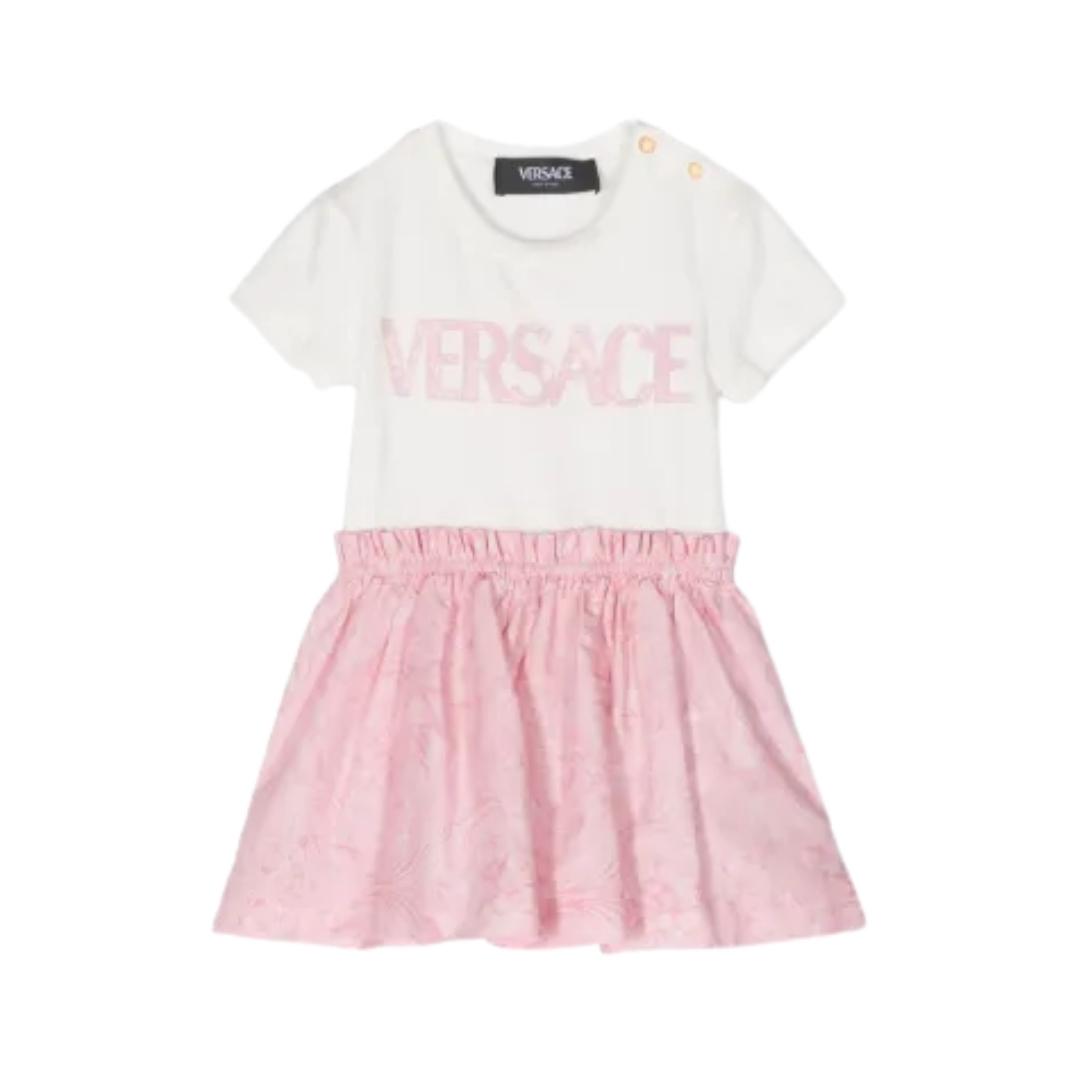 Versace robe enfant featuring pink logo on white top available at Lestyle Boutique Melbourne