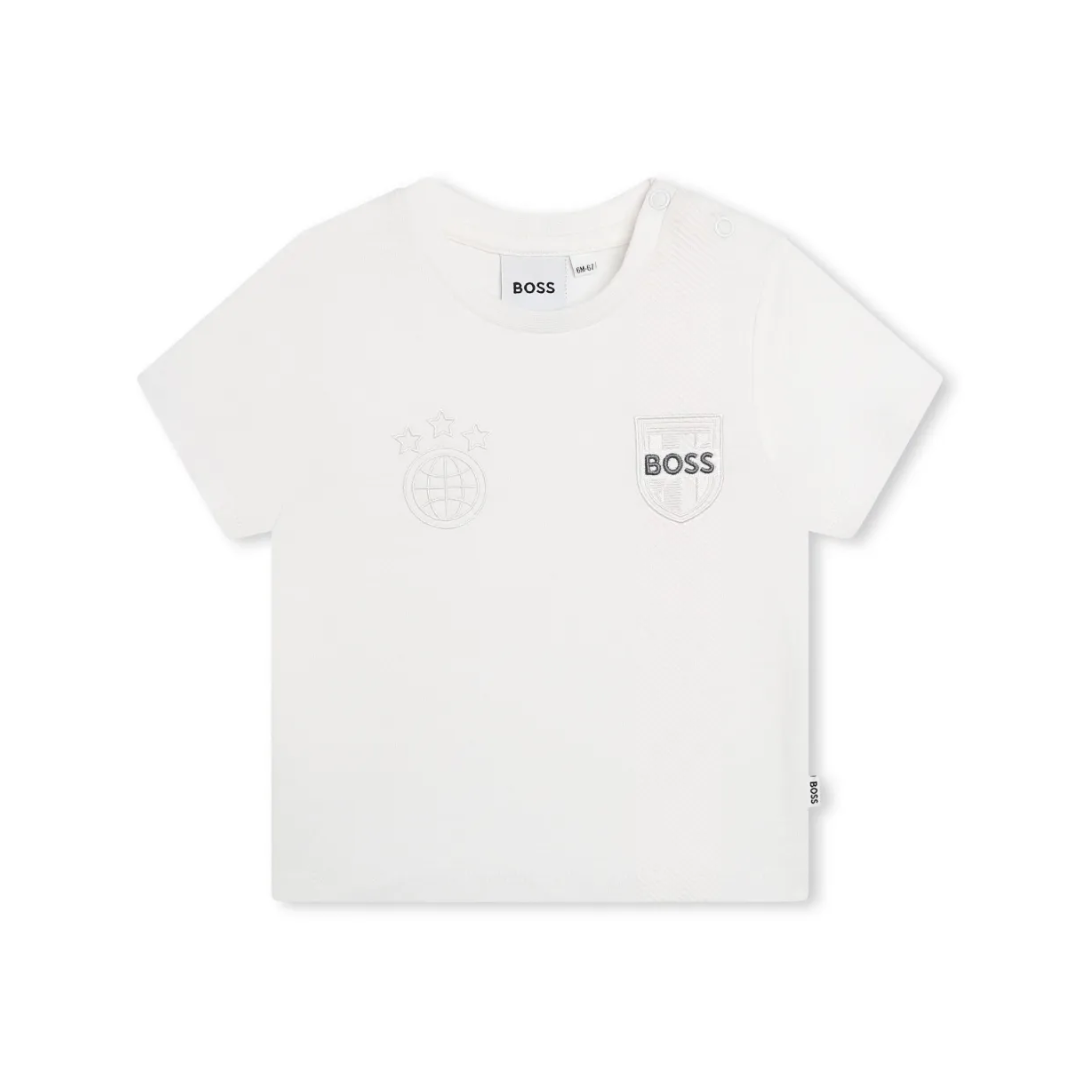 BOSS Kidswear logo-embroidered cotton T-shirt featuring chest emblem available at Lestyle Boutique Melbourne