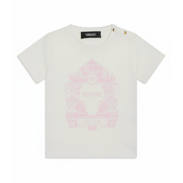 VERSACE T-SHIRT featuring pink crest graphic on white fabric available at Lestyle Boutique Melbourne