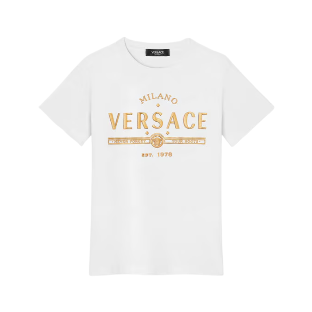 VERSACE T-SHIRT KIDS featuring a textured Versace Logo motif in glitter available at Lestyle Boutique Melbourne