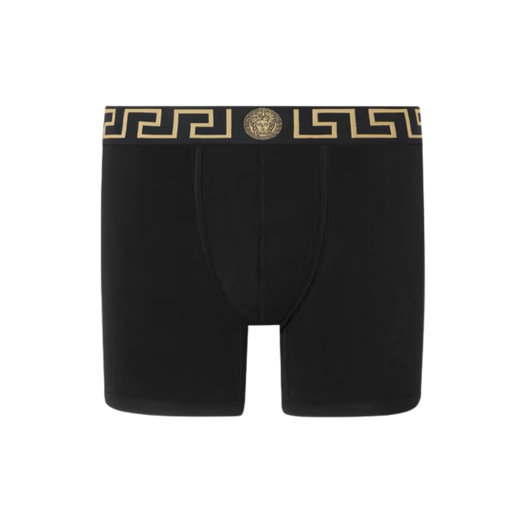 Versace Medusa Black boxer briefs with gold and black waistband on a white background