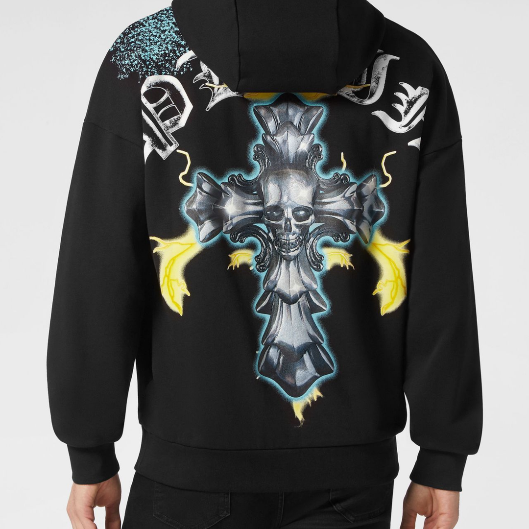PLEIN HOODIE SWEATSHIRT featuring gothic cross graphic with lightning accents available at Lestyle Boutique Melbourne
