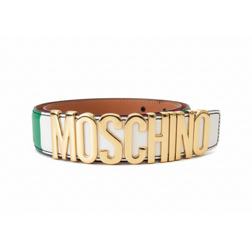 MOSCHINO belt featuring a gold logo buckle with a green-white-red strap, available at Lestyle Boutique Melbourne