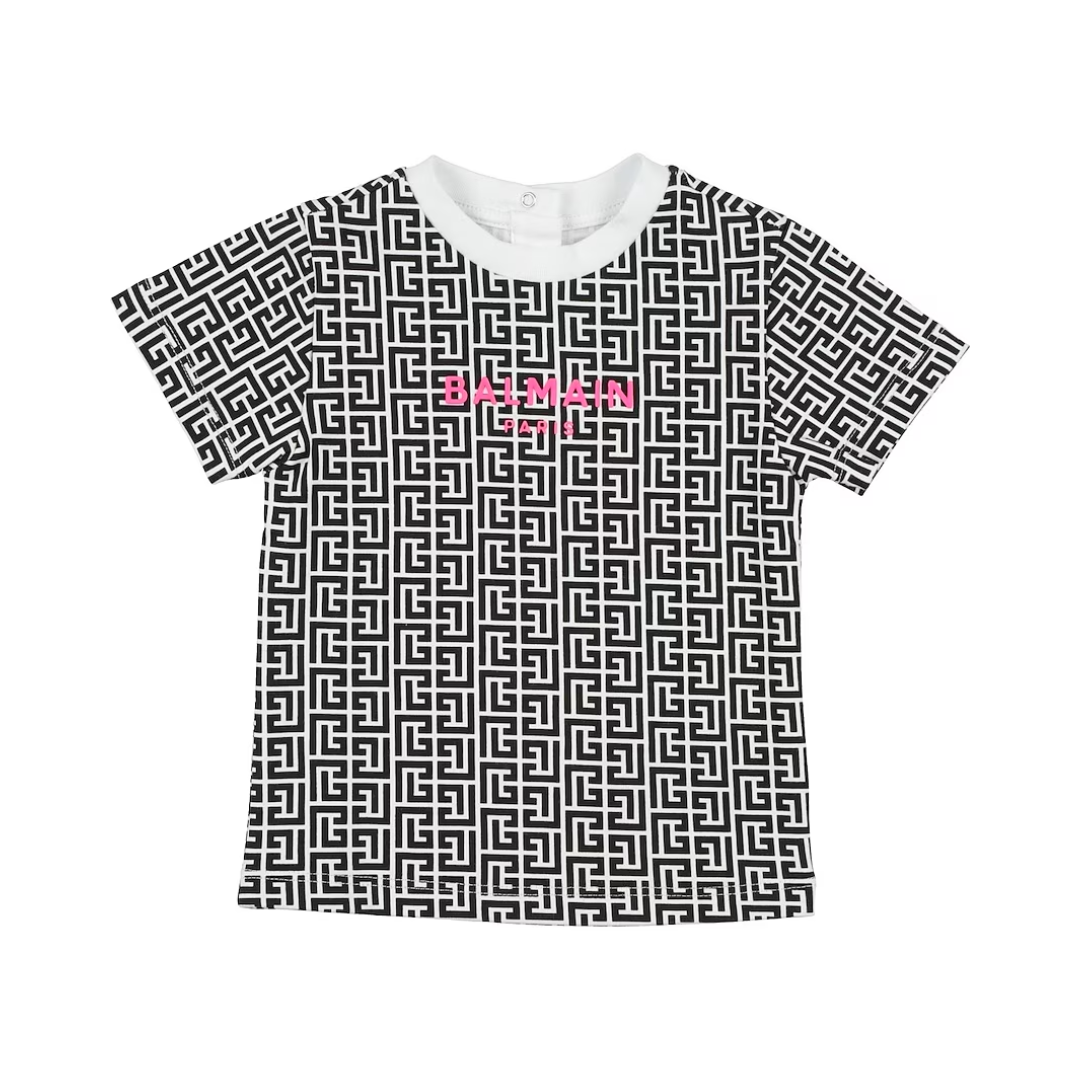 BALMAIN KIDS T-SHIRT featuring pink Balmain Paris logo on a black-and-white geometric pattern, available at Lestyle Boutique Melbourne
