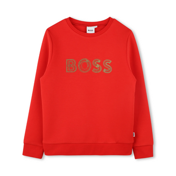 BOSS Sweatshirt featuring bold chest logo on red fabric available at Lestyle Boutique Melbourne