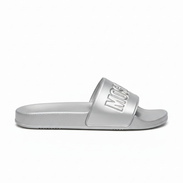 MOSCHINO slides featuring a metallic logo-embossed strap, available at Lestyle Boutique Melbourne