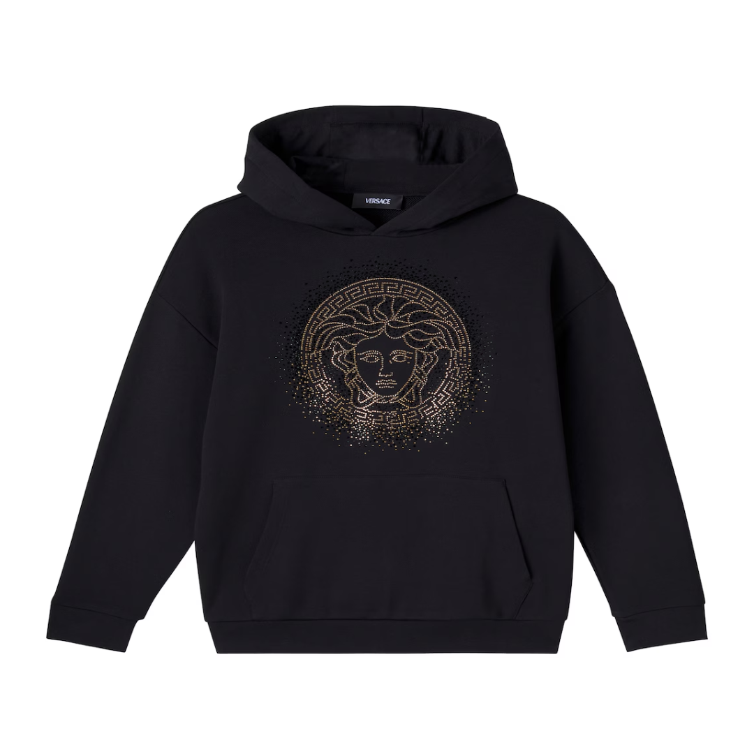 VERSACE KIDS MEDUSA EMBELLISHED COTTON FLEECE HOODIE featuring Medusa motif embellishment available at Lestyle Boutique Melbourne