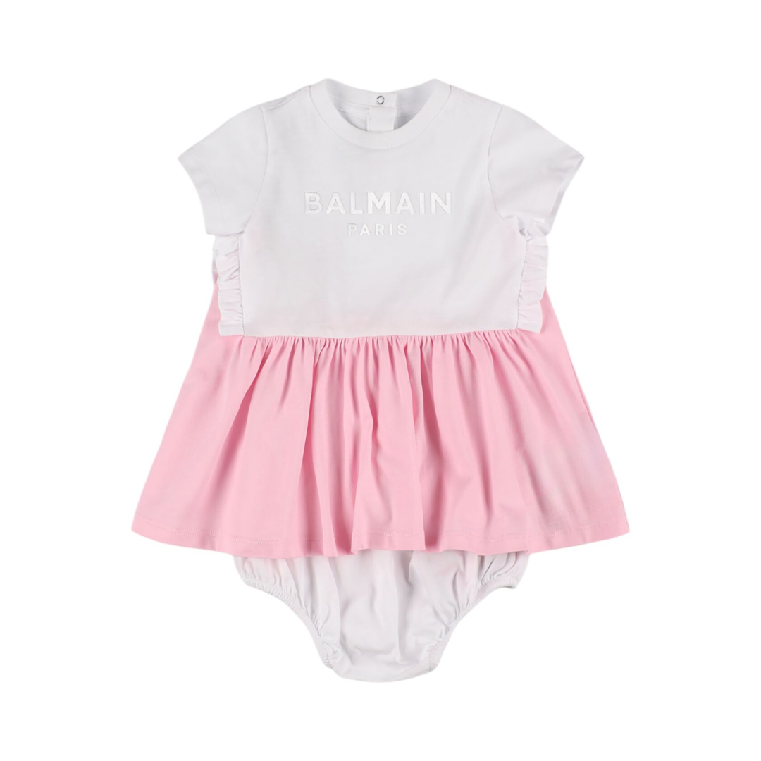 BALMAIN DRESS KIDS featuring white top with pink skirt and side ruffle details available at Lestyle Boutique Melbourne