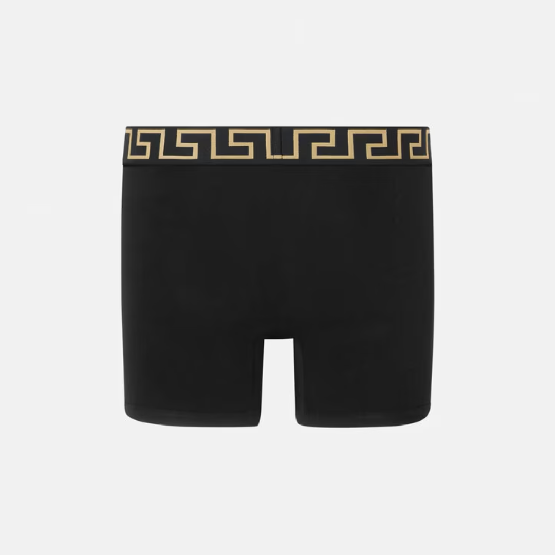 Versace Medusa Black boxer briefs with gold and black waistband on a white background