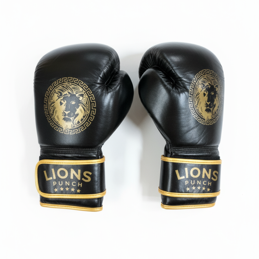 Lions Punch boxing gloves with gold lion emblem available at Lestyle Boutique Melbourne