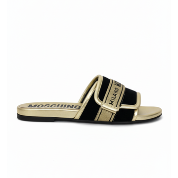 MOSCHINO slides featuring gold-tone logo strap available at Lestyle Boutique Melbourne