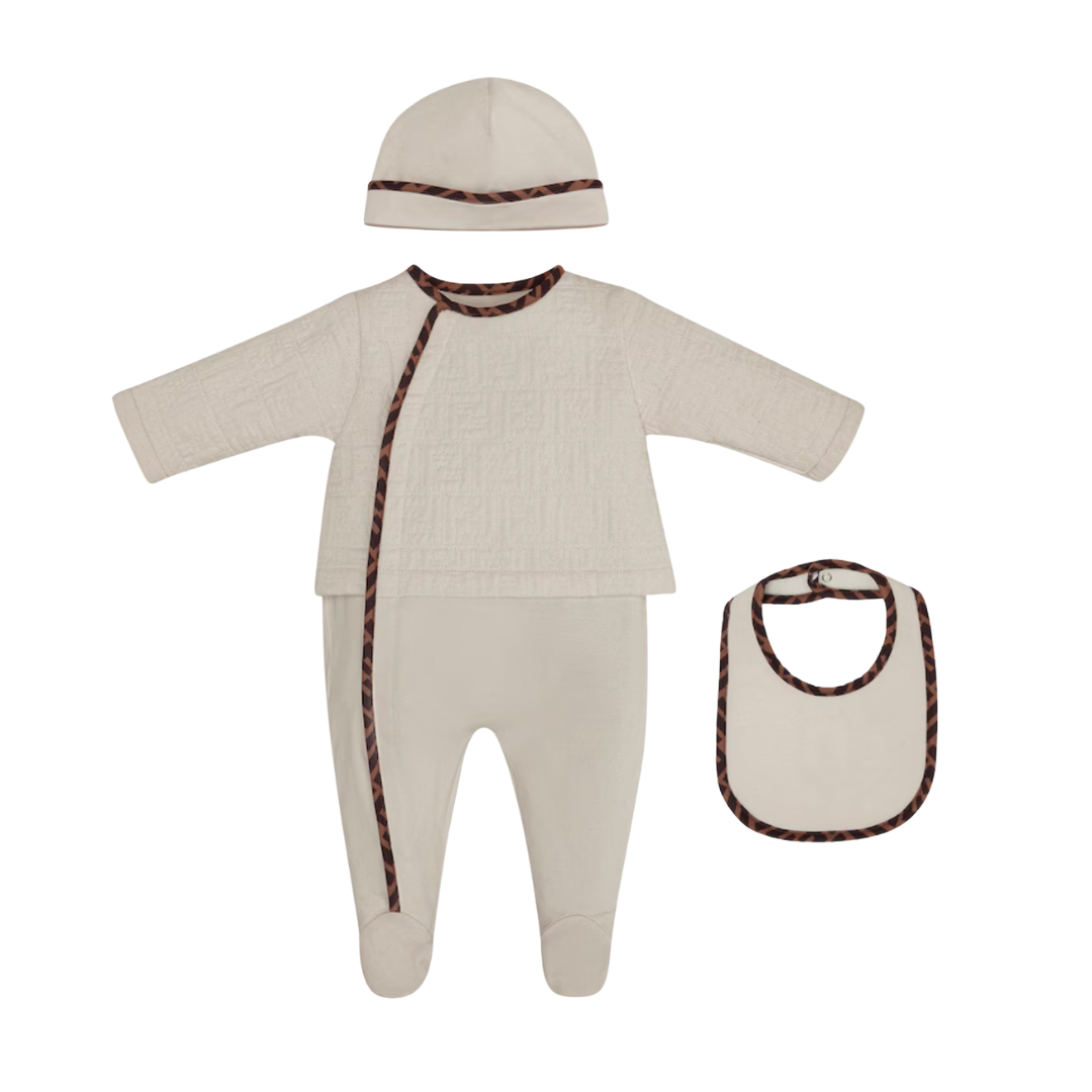 FENDI KIDS SET featuring beige tone-on-tone FF quilted cotton with bib, bonnet and playsuit front fastening available at Lestyle Boutique Melbourne