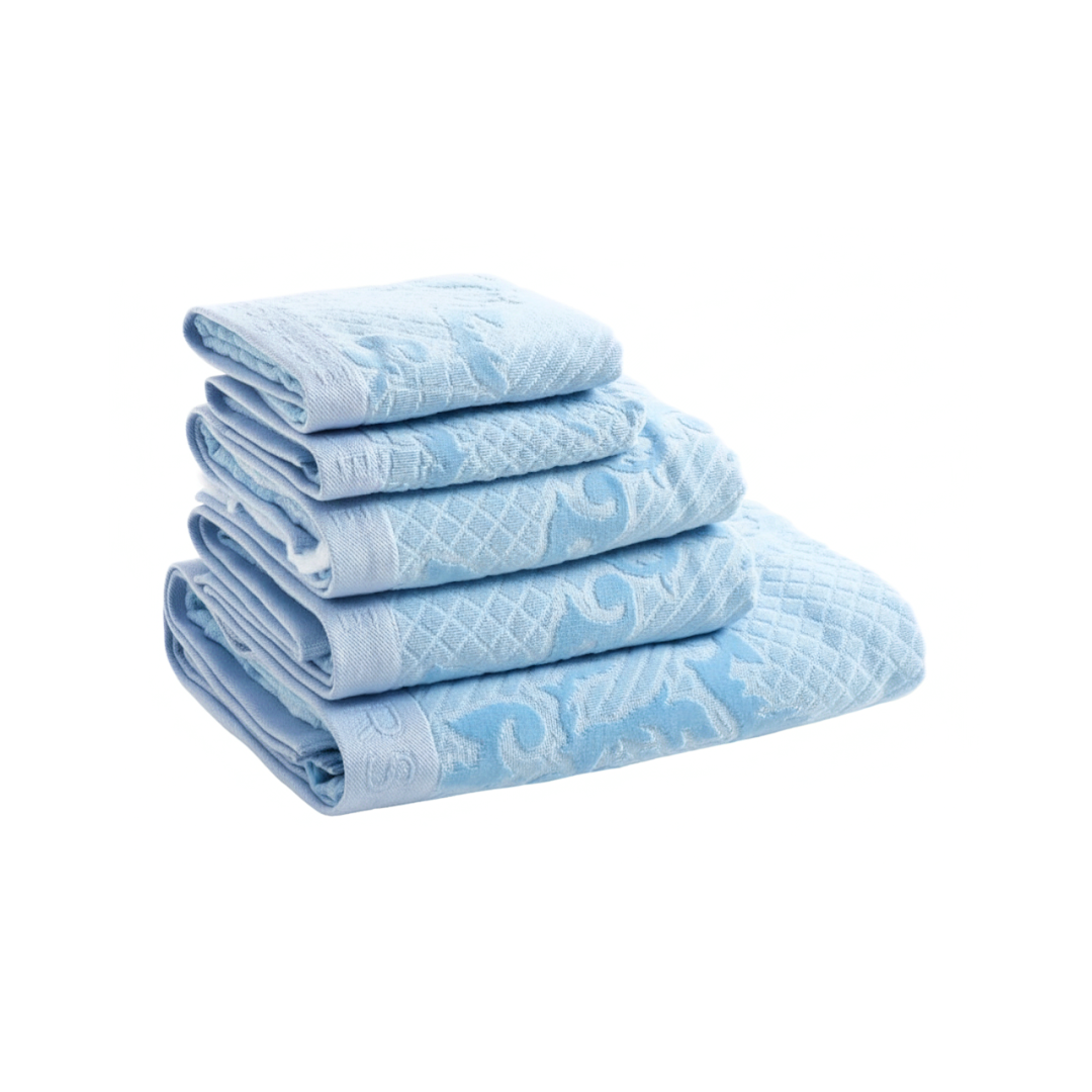 Versace Towels 5-Piece Blue Set featuring luxury Vanitas pattern available at Lestyle Boutique Melbourne