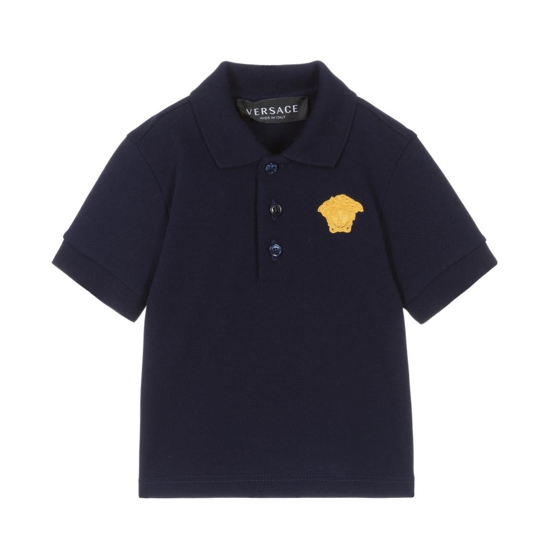 Versace boys navy blue Medusa cotton polo shirt featuring gold emblem available at Lestyle Boutique Melbourne