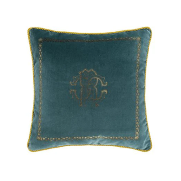 Roberto Cavalli decorative cushion featuring velvet teal and gold piping available at Lestyle Boutique Melbourne