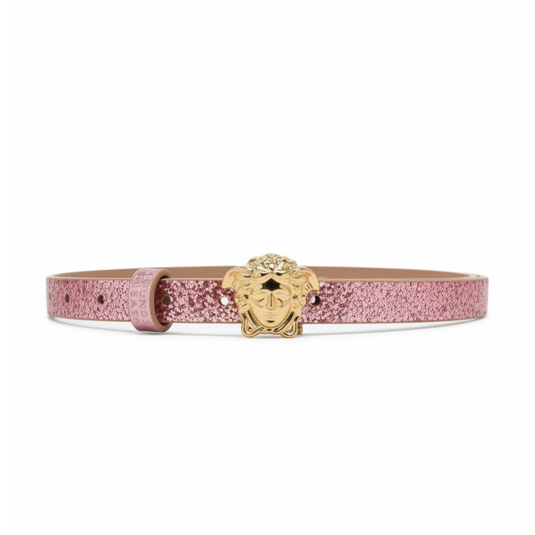 Versace belt kids featuring Medusa buckle pink glitter strap available at Lestyle Boutique Melbourne