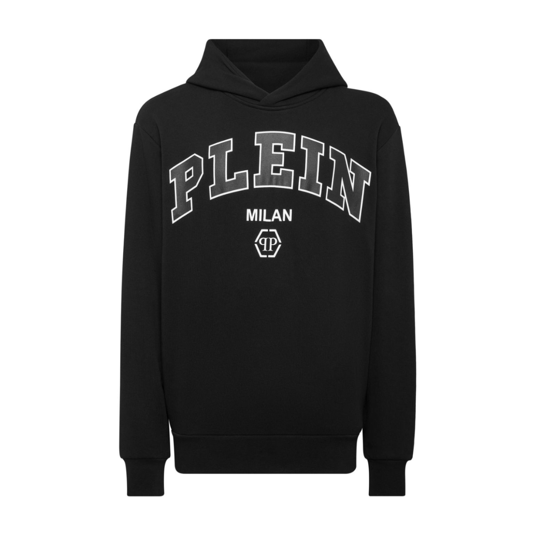 PHILIPP PLEIN logo-print cotton-blend hoodie featuring MILAN logo available at Lestyle Boutique Melbourne