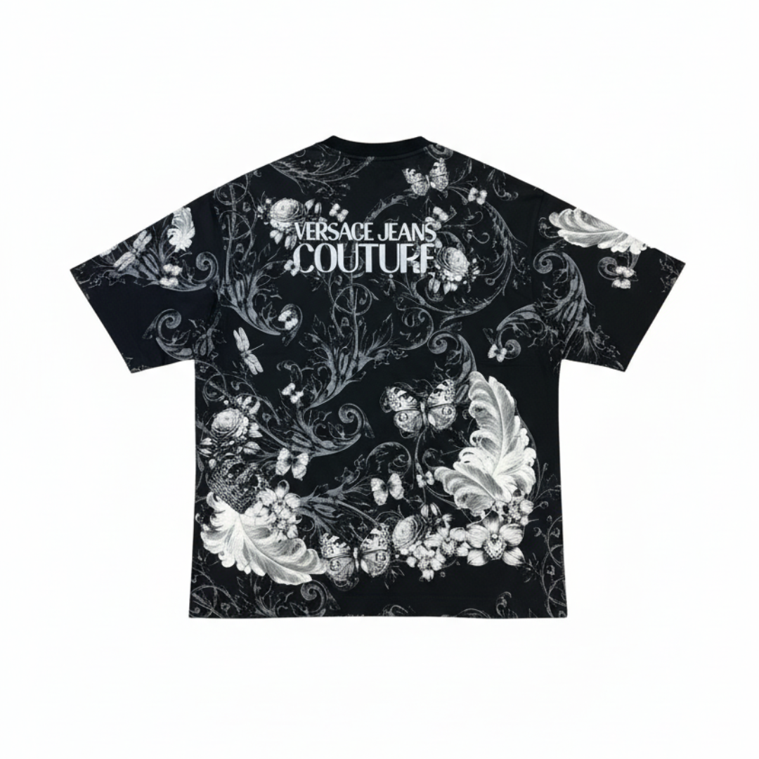 Versace Jeans Couture T-shirt featuring ornate black and white birdcage floral print available at Lestyle Boutique Melbourne