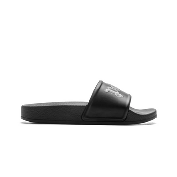 Palm Angels slide sandal featuring bold white logo across the strap available at Lestyle Boutique Melbourne