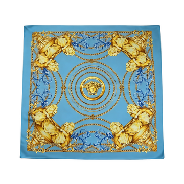Versace scarf featuring gold medusa motif and ornate chain design available at Lestyle Boutique Melbourne