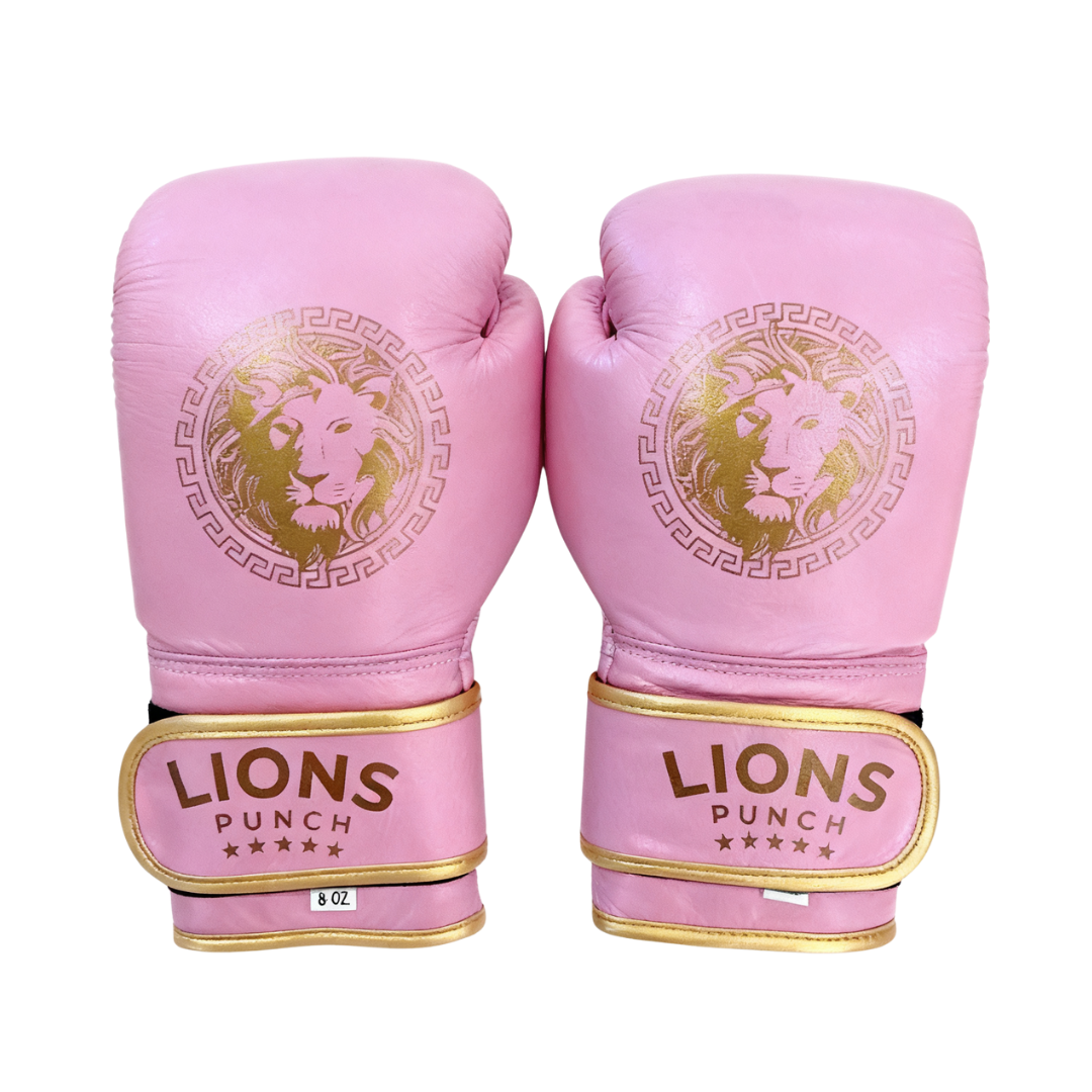 LIONS PUNCH boxing gloves featuring pink color with gold lion logo available at Lestyle Boutique Melbourne