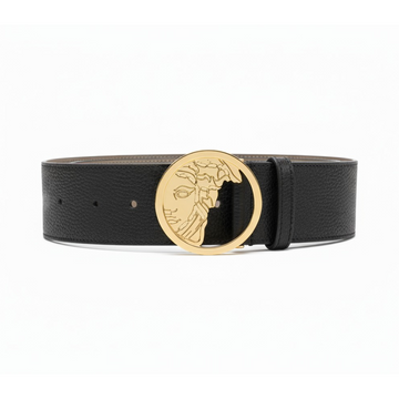 VERSACE belt with gold Medusa buckle on black pebble-grain leather available at Lestyle Boutique Melbourne