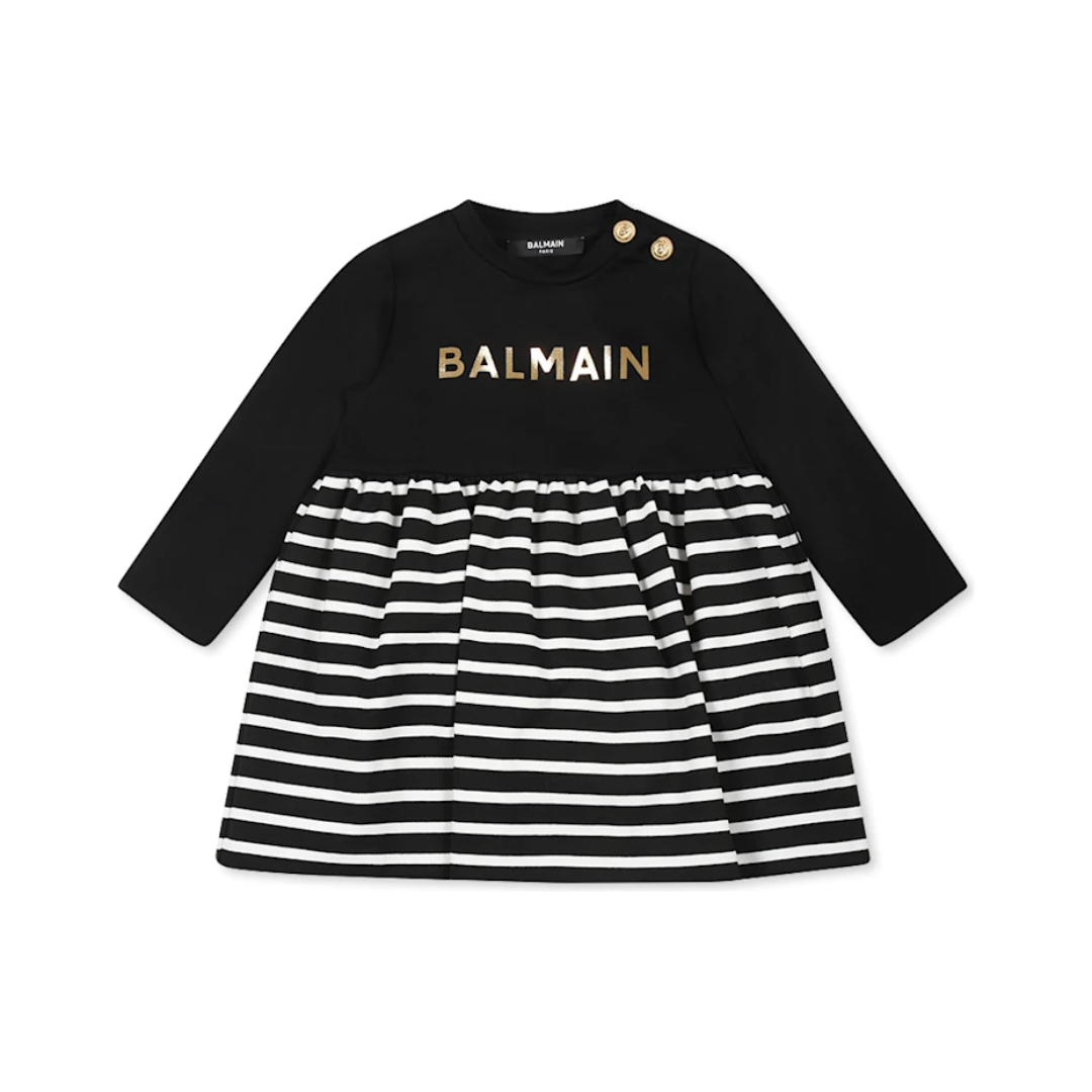 Balmain dress kids featuring gold logo embellishment available at Lestyle Boutique Melbourne