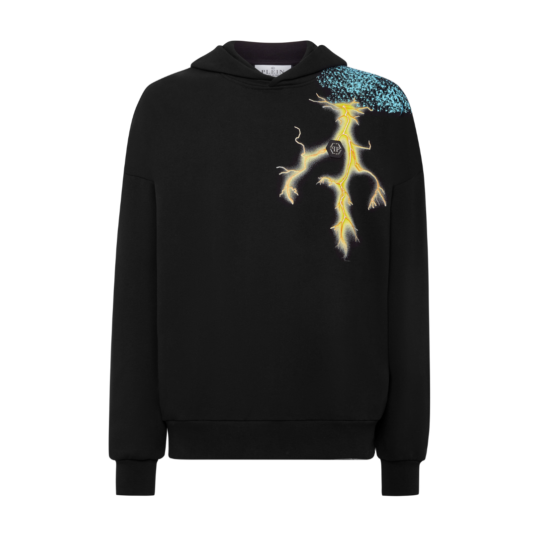 PLEIN HOODIE SWEATSHIRT featuring gothic cross graphic with lightning accents available at Lestyle Boutique Melbourne