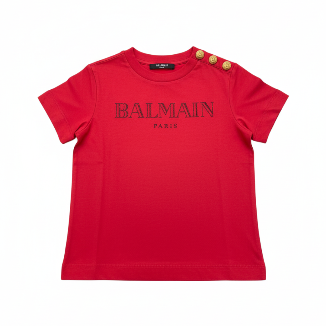 Balmain T-shirt featuring Balmain Paris logo and gold button shoulder detail available at Lestyle Boutique Melbourne