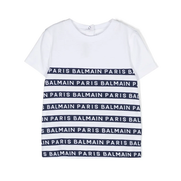 Balmain Kids T-shirt featuring white and navy horizontal stripes with all-over logo print available at Lestyle Boutique Melbourne