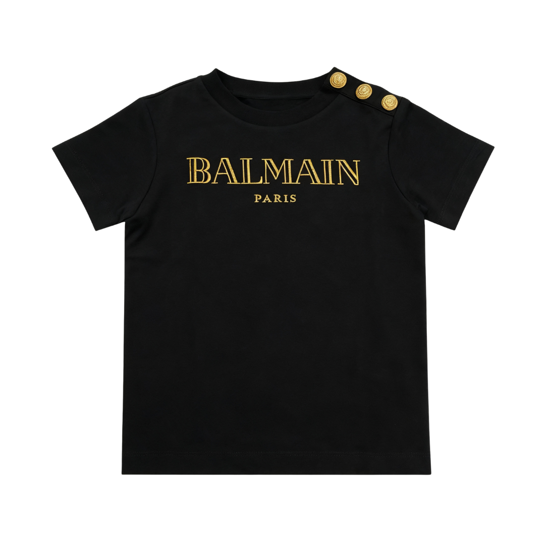 BALMAIN T-SHIRT featuring gold logo lettering and shoulder button detail available at Lestyle Boutique Melbourne