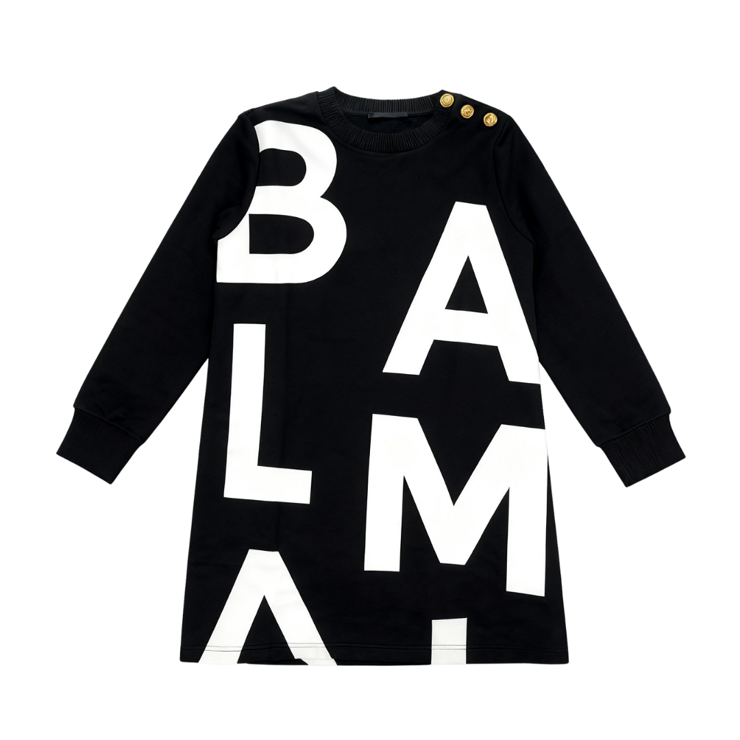 BALMAIN DRESS featuring oversized white logo letters and gold shoulder buttons available at Lestyle Boutique Melbourne