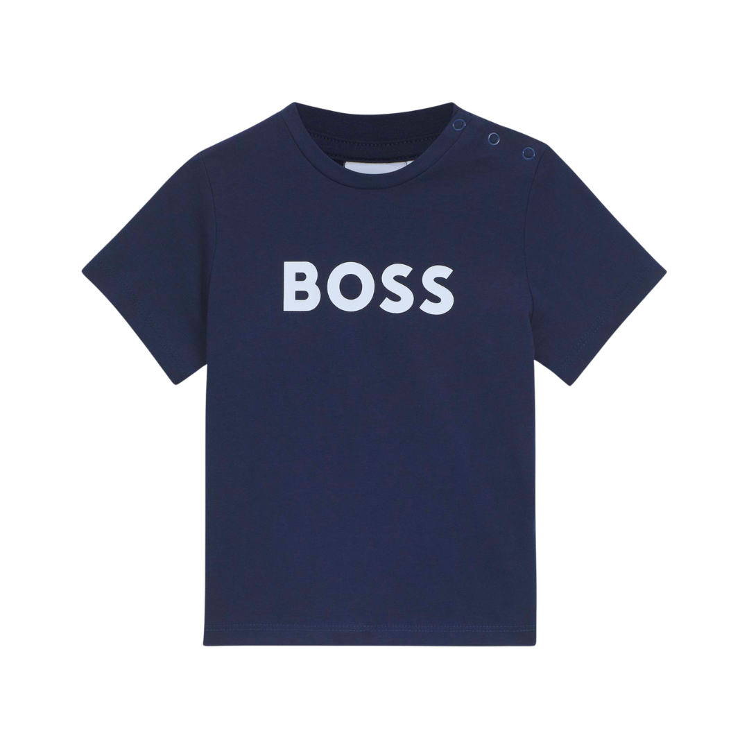 BOSS Kidswear logo-print T-shirt in navy blue, featuring a bold front logo, available at Lestyle Boutique.
