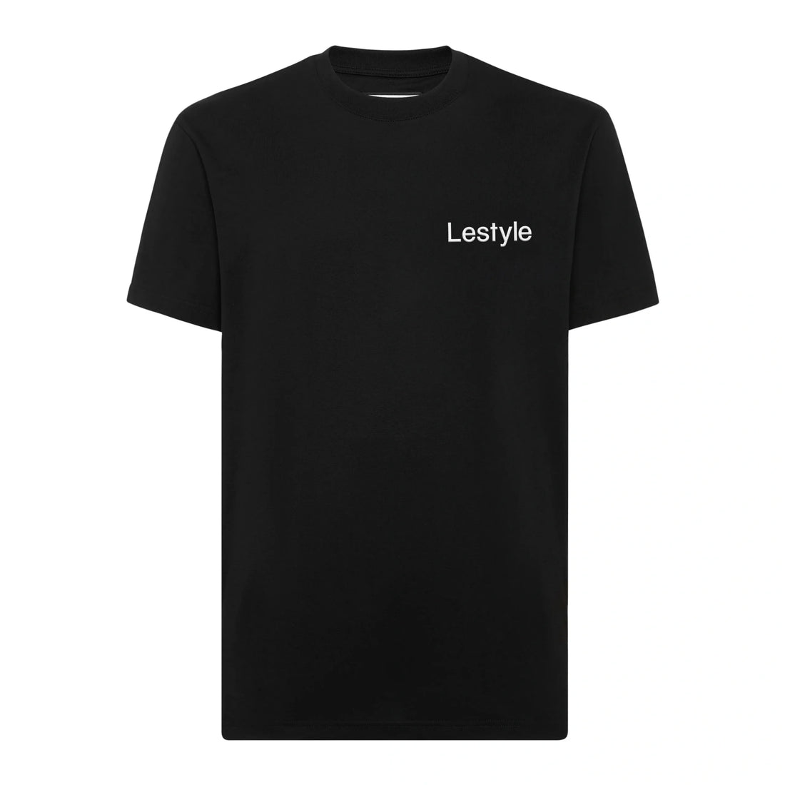 Lestyle Black T-Shirt featuring an embroidered logo on the chest, designed for casual sophistication and unmatched comfort. Available now at Lestyle Boutique.